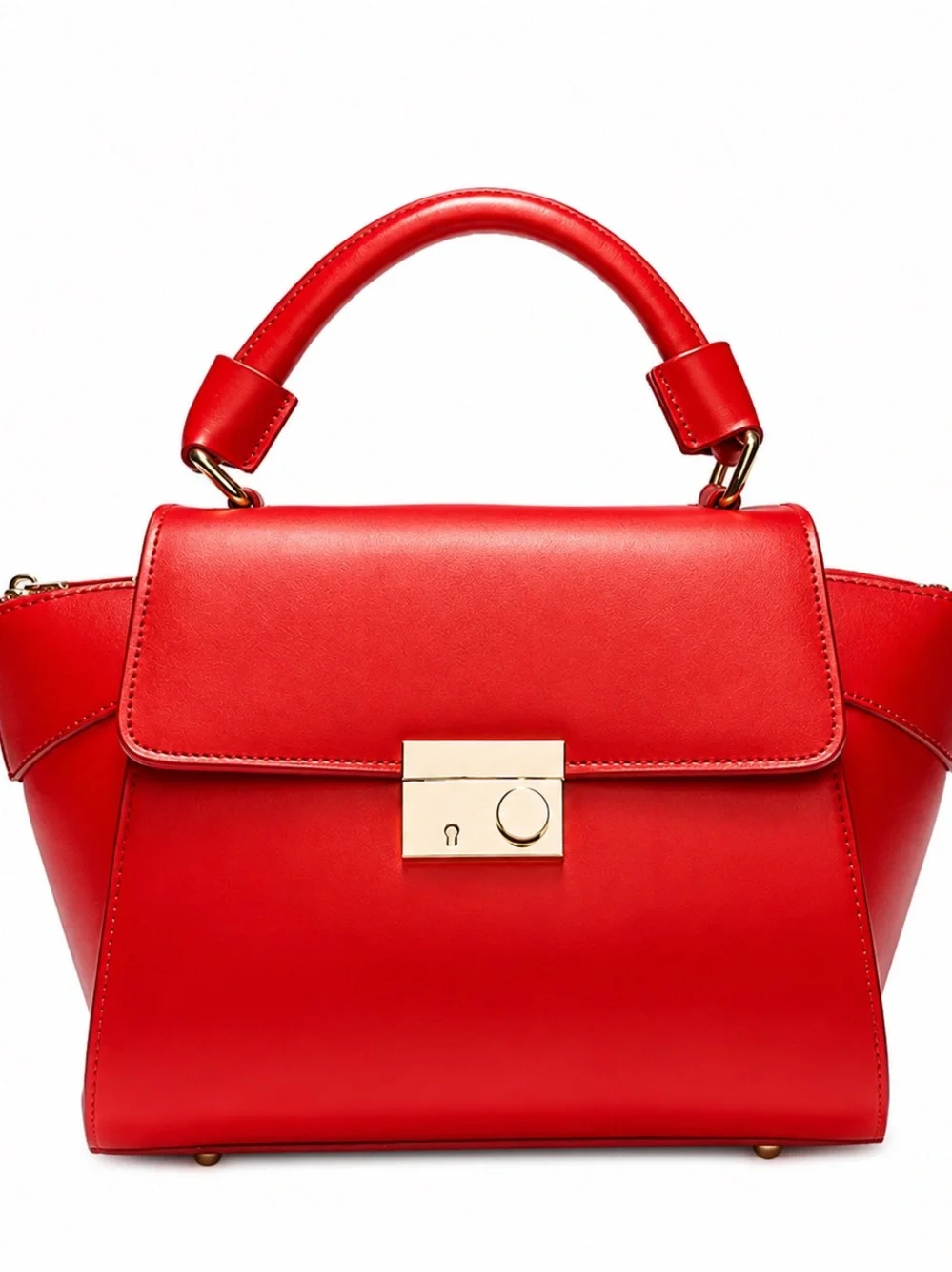 Structured Genuine Leather Red Top-Handle Satchel with Gold Hardware